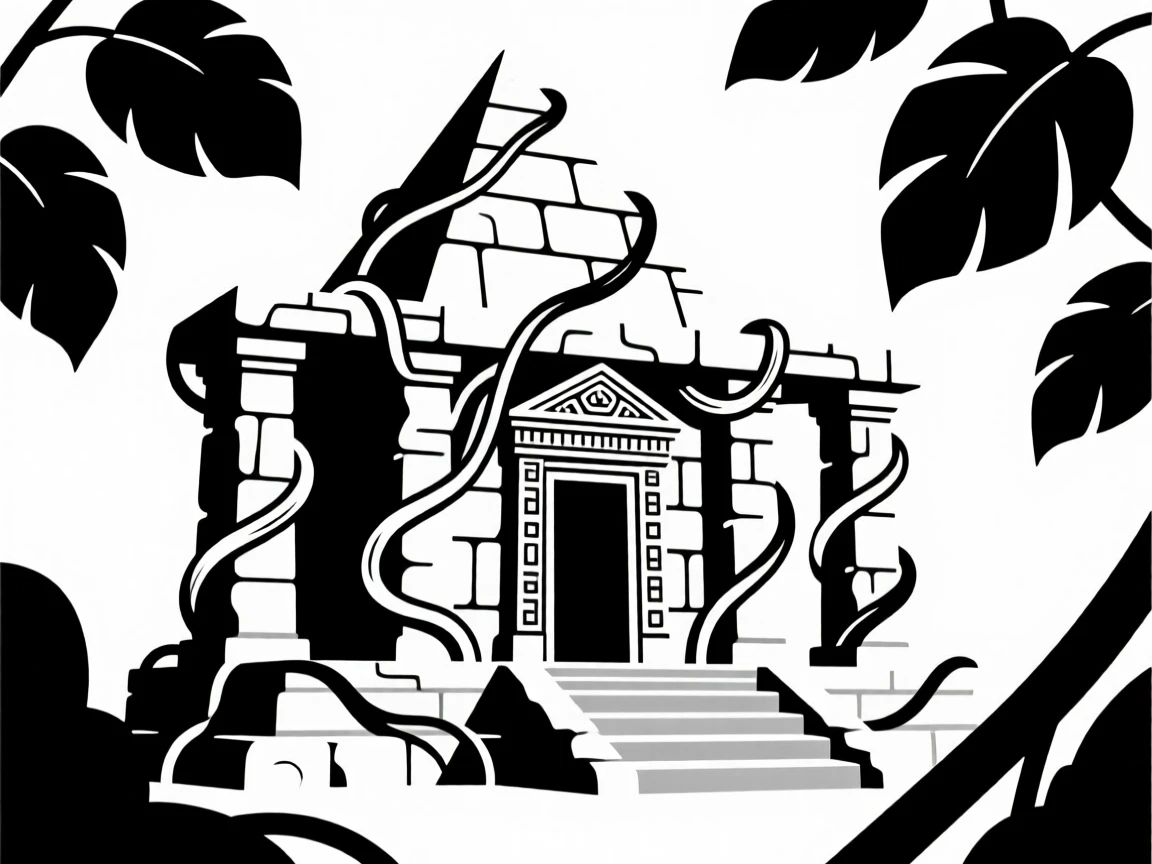 An ancient stone temple covered in vines.
