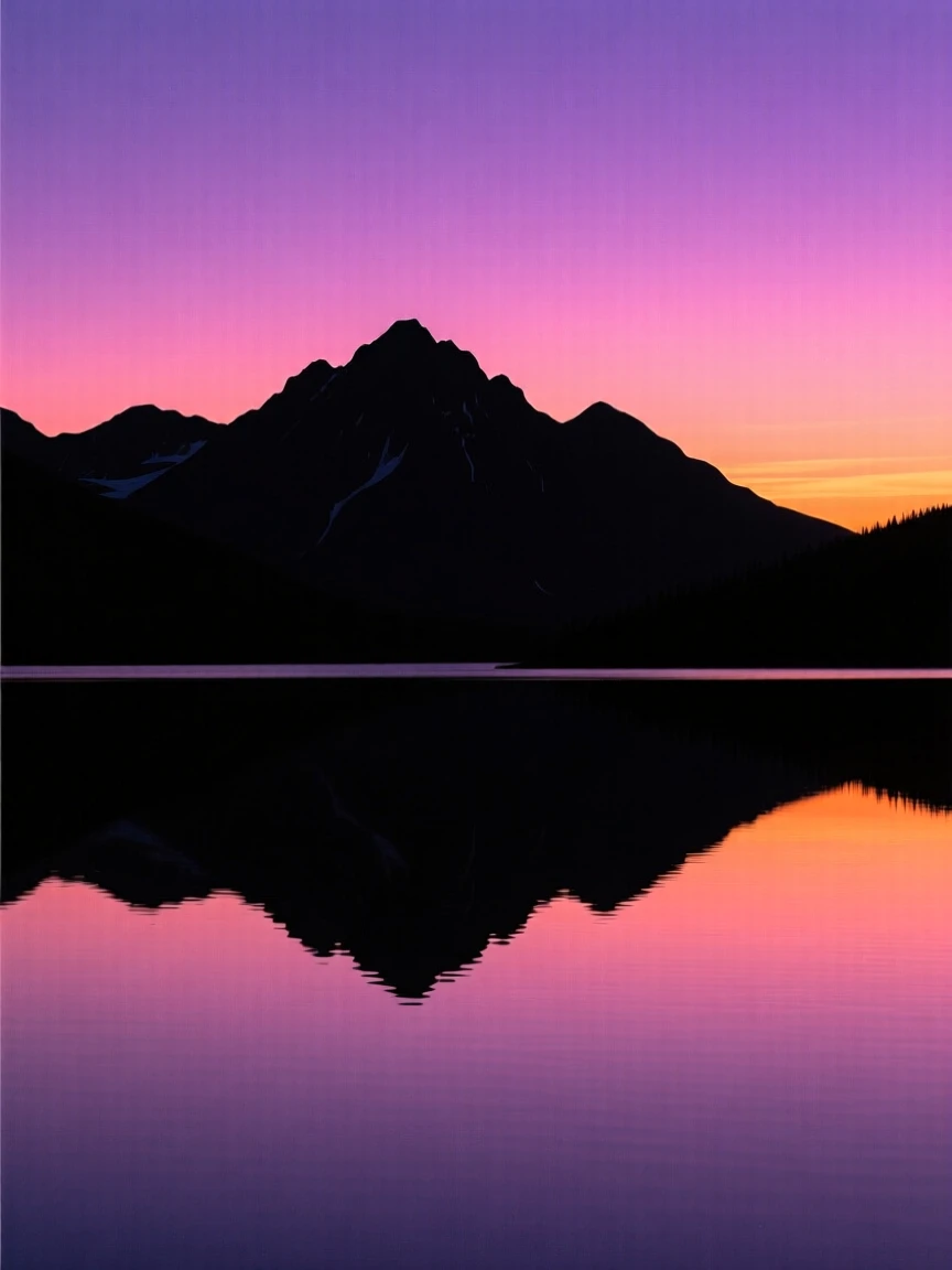 A still mountain lake perfectly reflecting the peaks and sky above it.