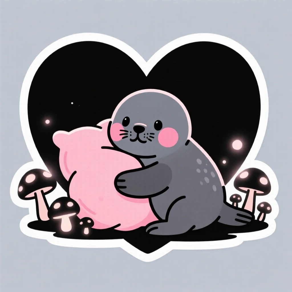 A rosy-cheeked baby seal pup hugging a giant heart pillow, among mushrooms glowing softly at dusk.
