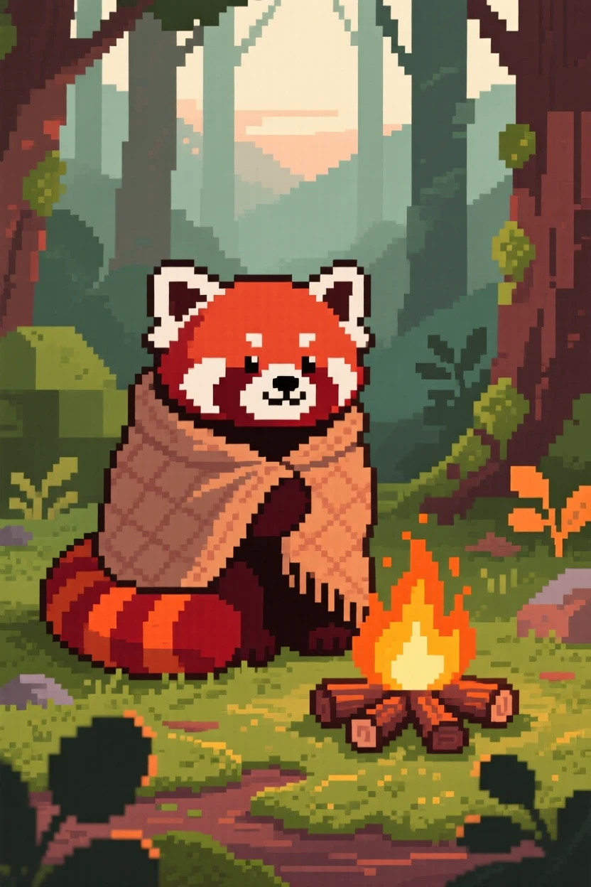 A young red panda wrapped in a blanket by a campfire, in a mossy forest clearing at dawn.