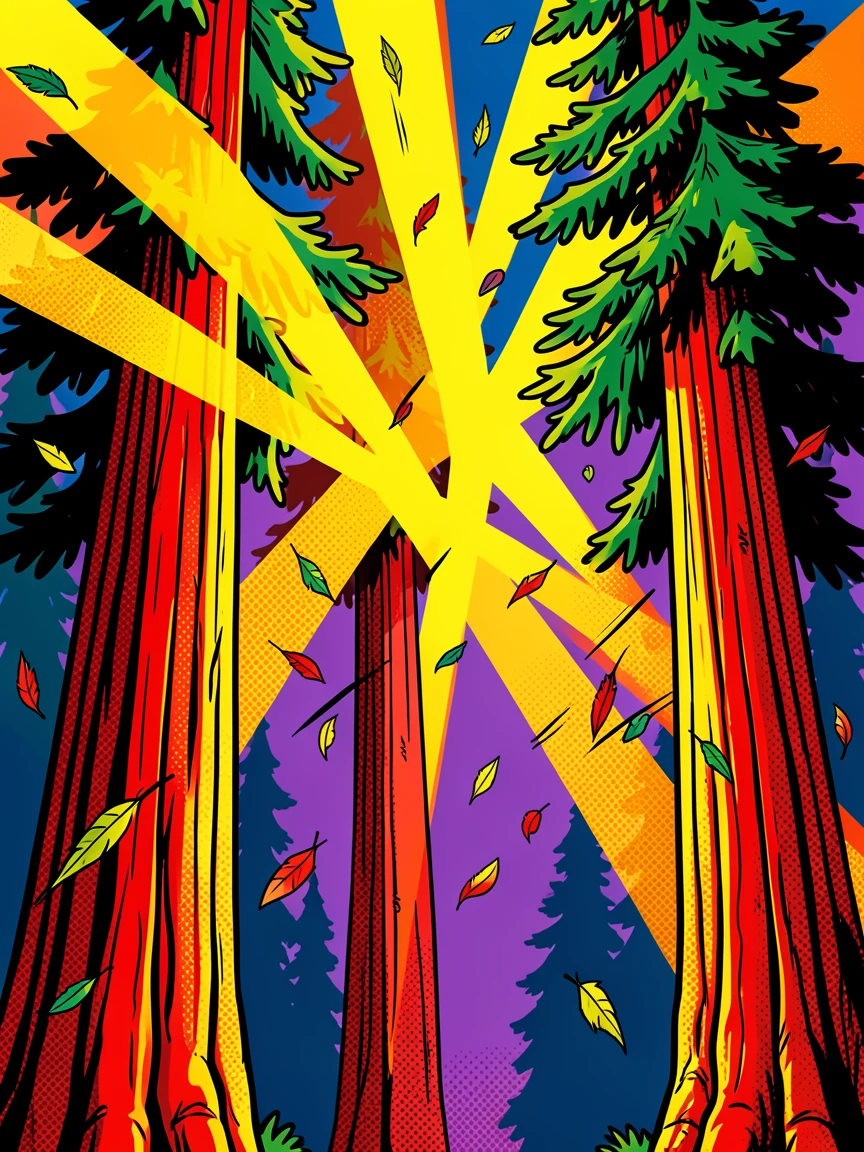 A towering sequoia forest with sunbeams breaking through