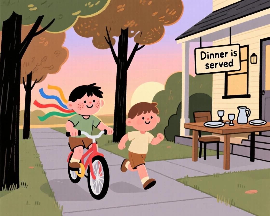 A child rides a bicycle with streamers down a tree-lined sidewalk on a warm summer evening, racing a friend to the corner as the clink of dinner being set out drifts from a nearby porch.