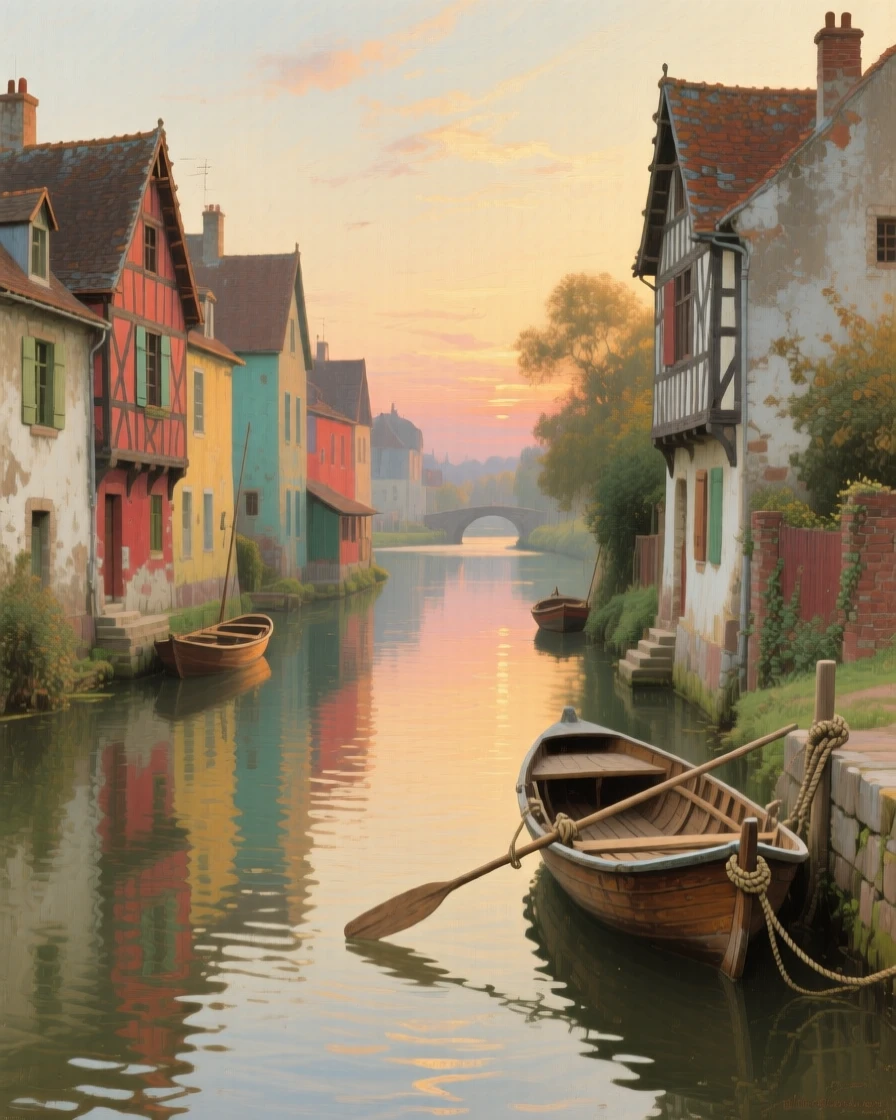 A centered composition of a quiet canal lined with colorful houses and small wooden boats, in the French countryside, in the Renaissance period, in the last light of sunset.