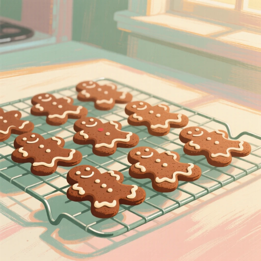 A batch of gingerbread cookies cooling on a wire rack