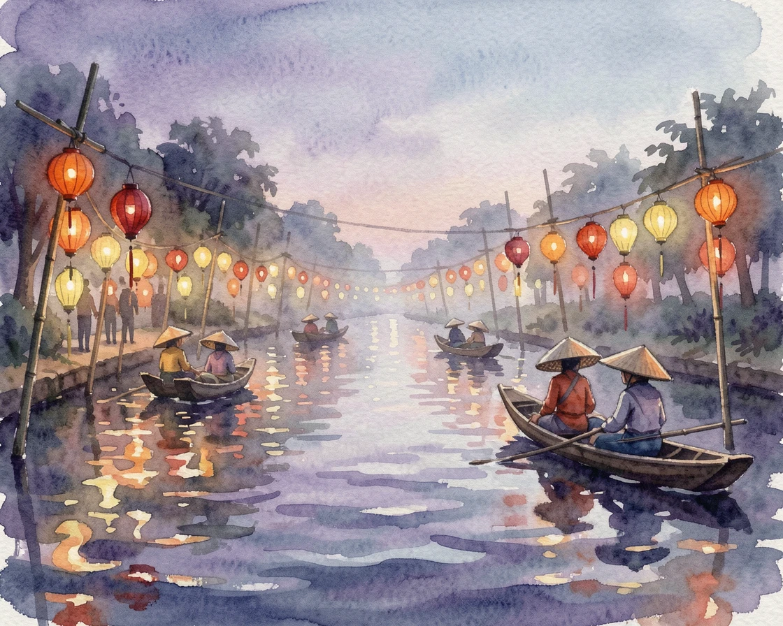 A traditional Vietnamese lantern festival on a river with warm lantern light glowing at dusk.