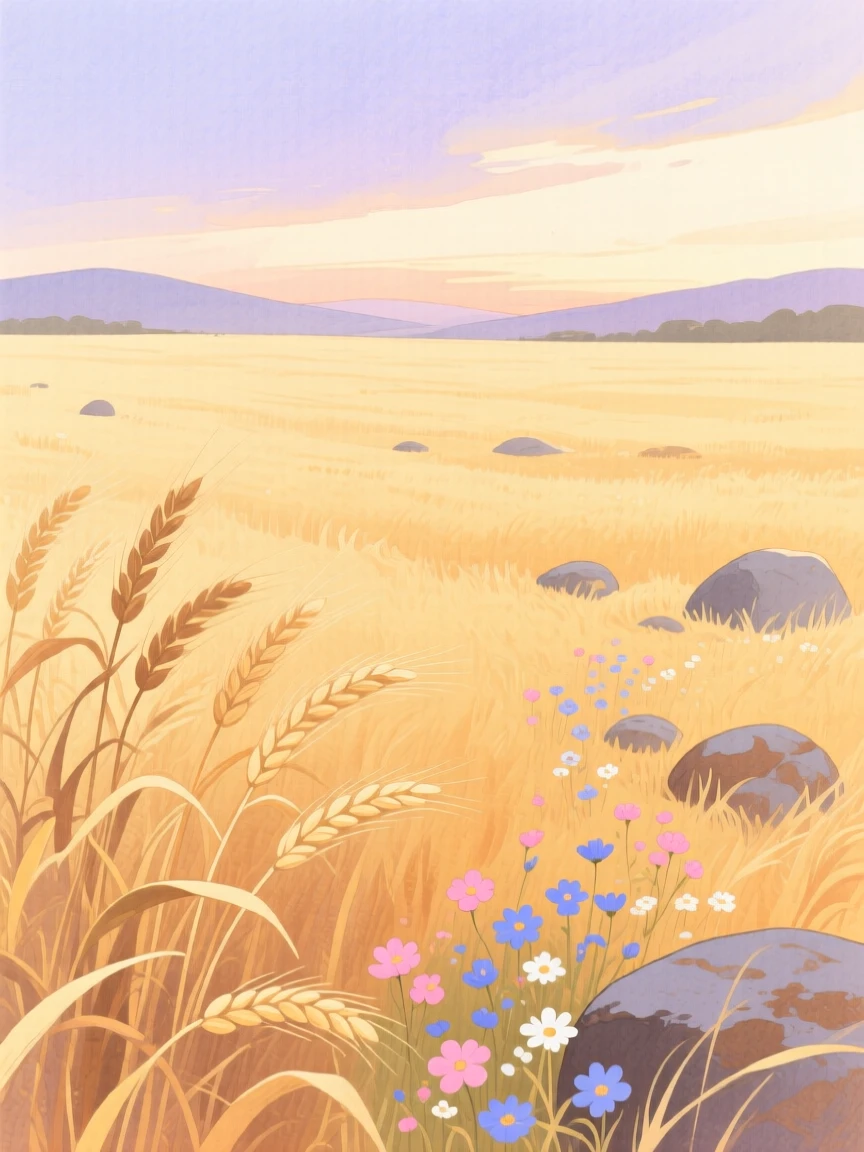 A breathtaking view of a golden wheat field in the soft glow of dusk, where wildflowers grow between the rocks