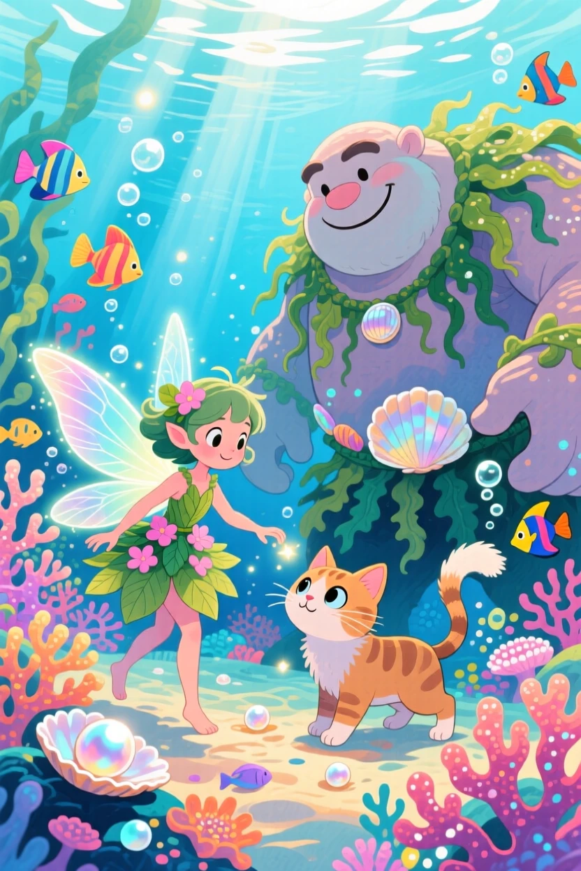 A forest sprite battling gently with a friendly giant for a lost kitten, in an underwater kingdom of coral and pearl, filled with wonder and magical excitement.