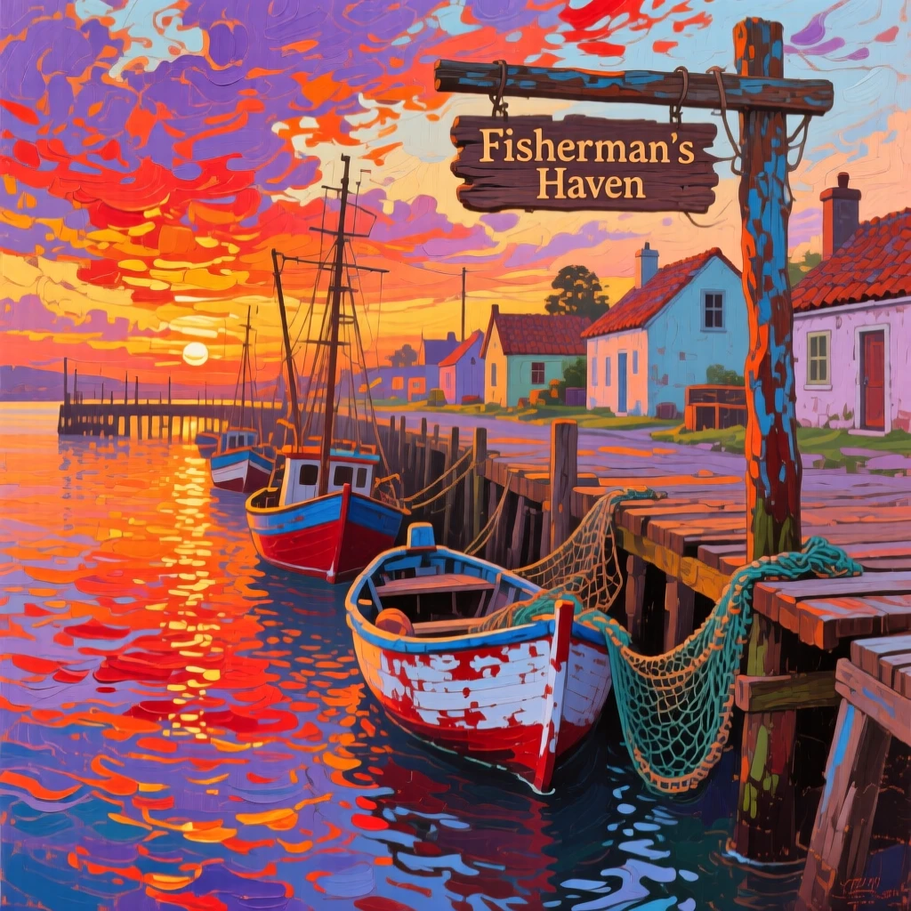 a row of fishing boats returning to a village pier, at sunset, composed along a natural leading line.