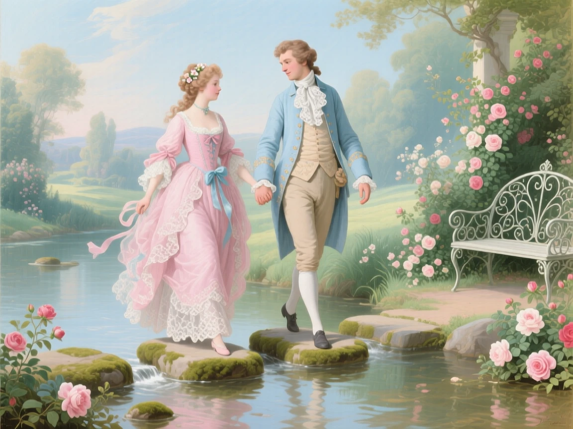 A young couple crossing a stream on stepping stones during a countryside stroll  