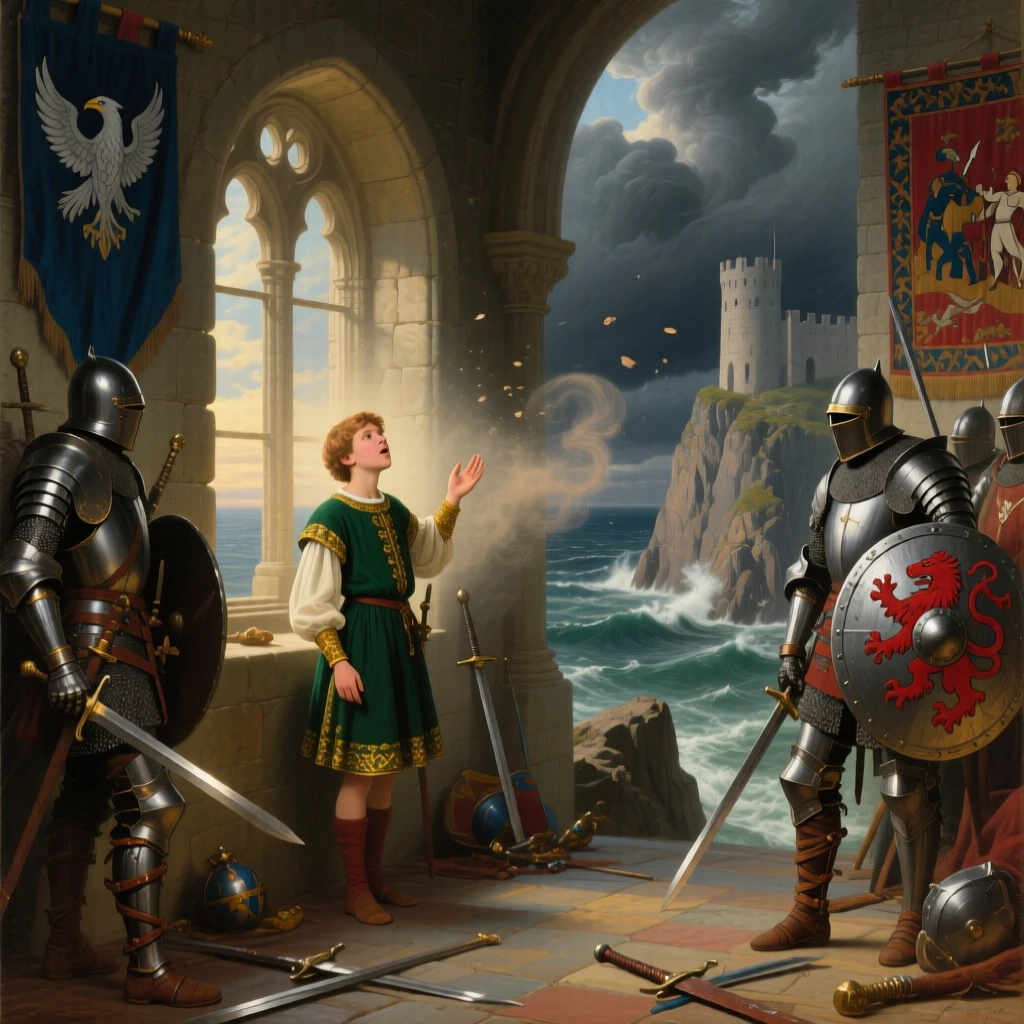 A young page sings within the halls of a fortress perched on a rocky cliff as knights prepare for battle.