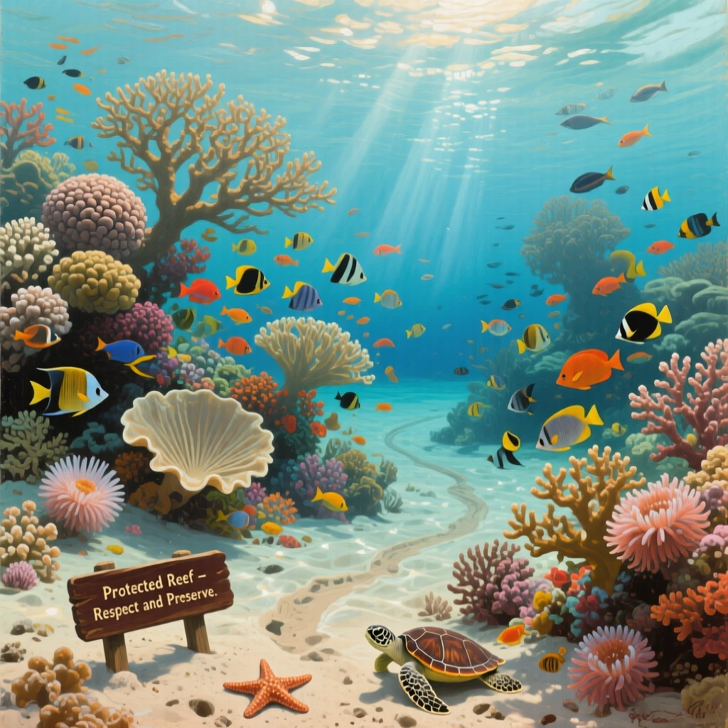A coral reef teeming with color beneath crystal-clear water, with a single winding trail leading toward the horizon, capturing the raw power and quiet majesty of untouched nature