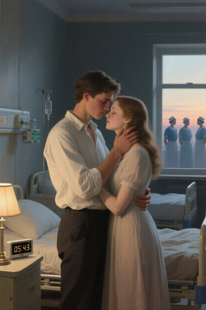 A young couple eloping under the cover of night in the raw, unguarded instant emotion breaks through, set in a dimly lit hospital ward at the edge of dawn, with distant figures watching quietly from a respectful distance; the two central figures are drawn close together in an intimate embrace, capturing love that has endured distance and time.