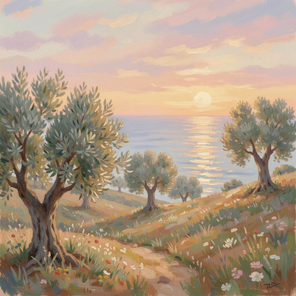 A peaceful orchard of olive trees on a Mediterranean hillside overlooking the sea at golden hour.