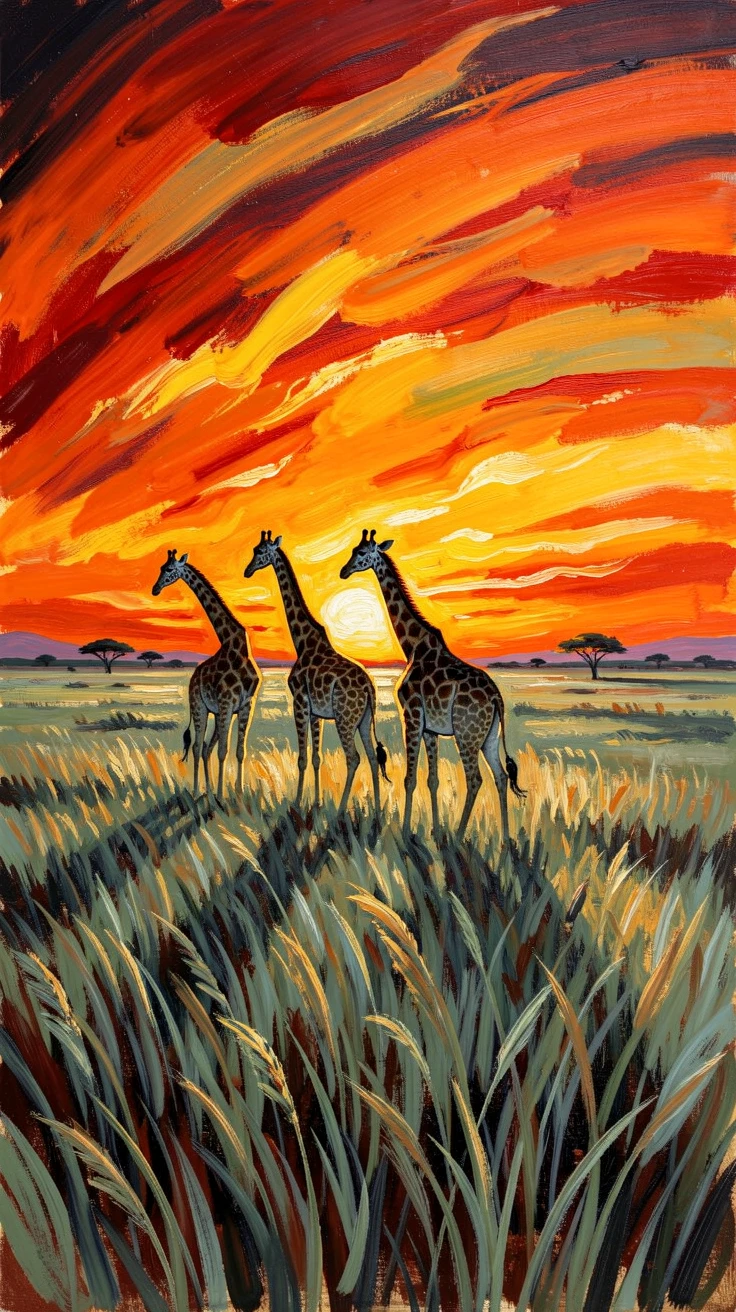 A wide-open savanna at dawn, giraffes silhouetted against a rising orange sun.