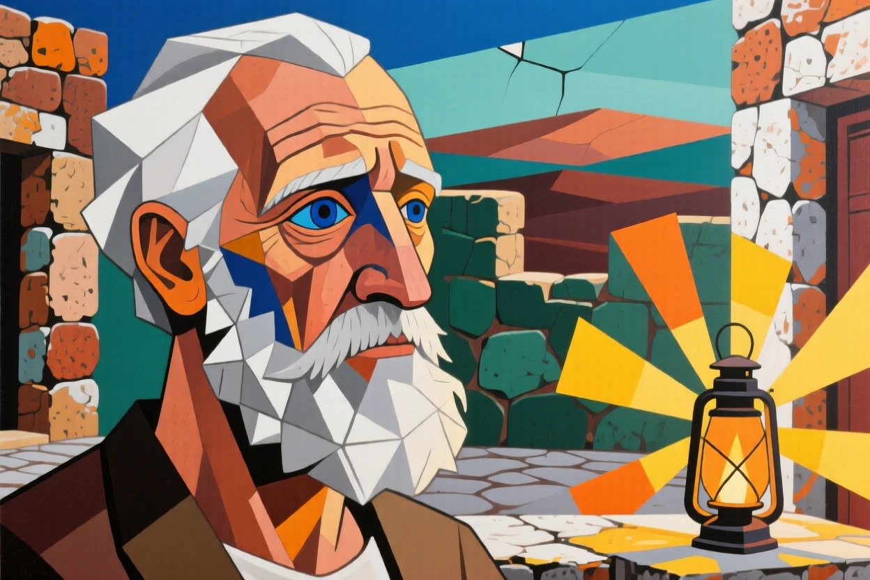 An intimate close-up of an elderly man of Greek heritage gazing thoughtfully toward the horizon, in the glow of a lantern-lit courtyard.