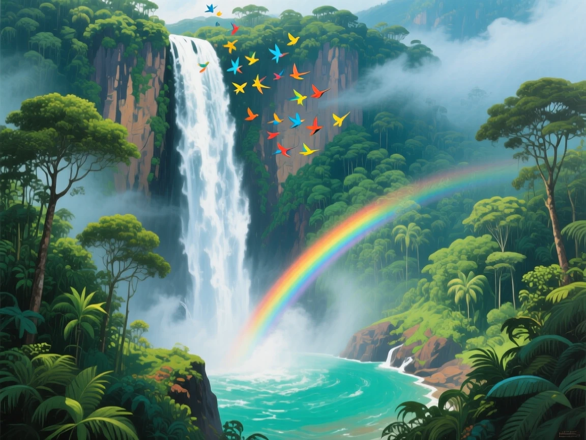 Angel Falls plunges through dense Venezuelan jungle mist, a rainbow forming in the spray, tiny birds wheeling near the cliff face far above the churning pool below, the air carrying a faint mist that softens distant shapes without obscuring the overall view.