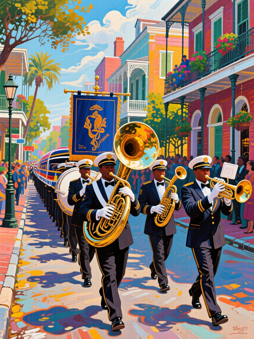 A New Orleans jazz funeral procession with a brass band marching through the French Quarter