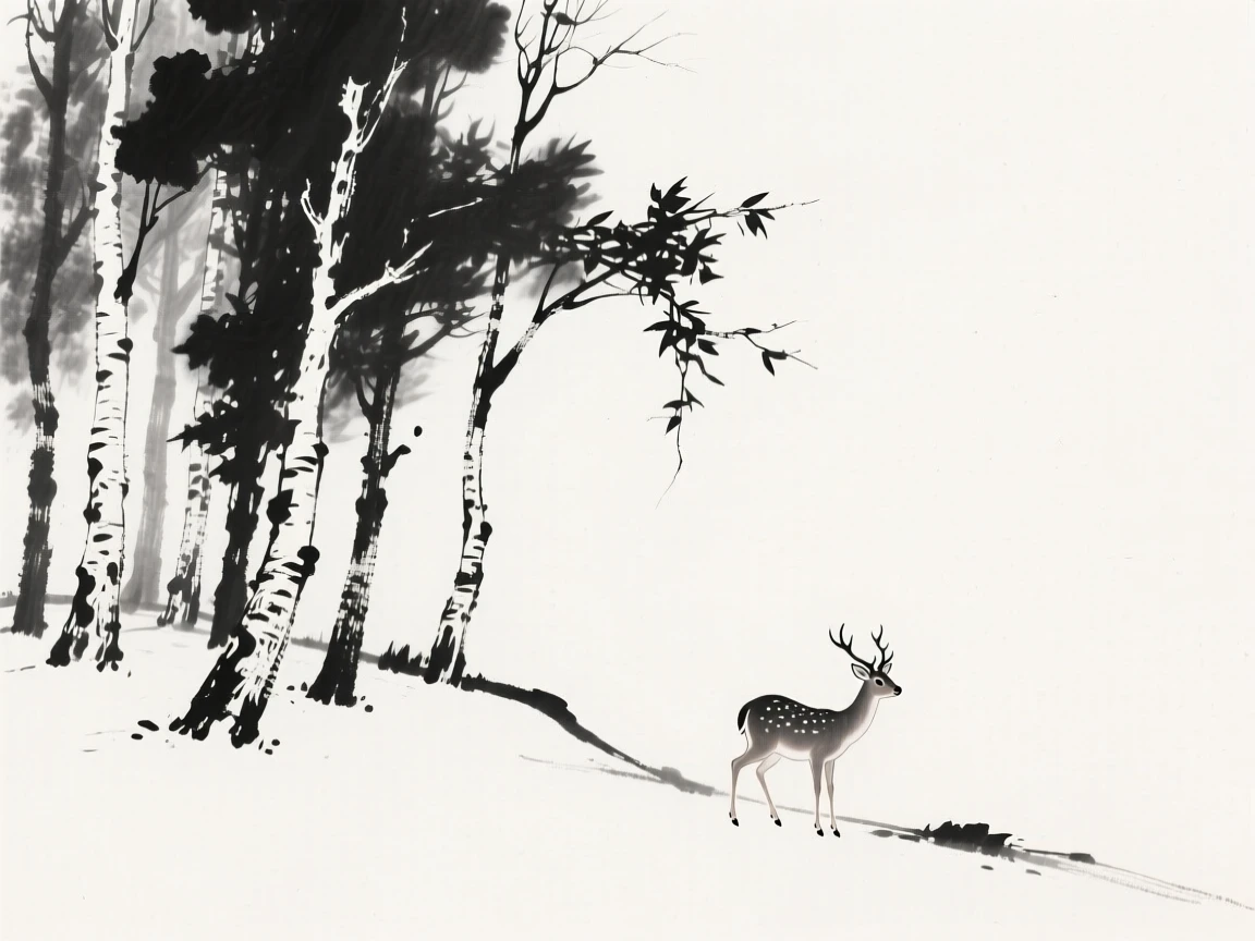 a stand of birch trees along a quiet ridge, with a deer grazing quietly at the forest edge.