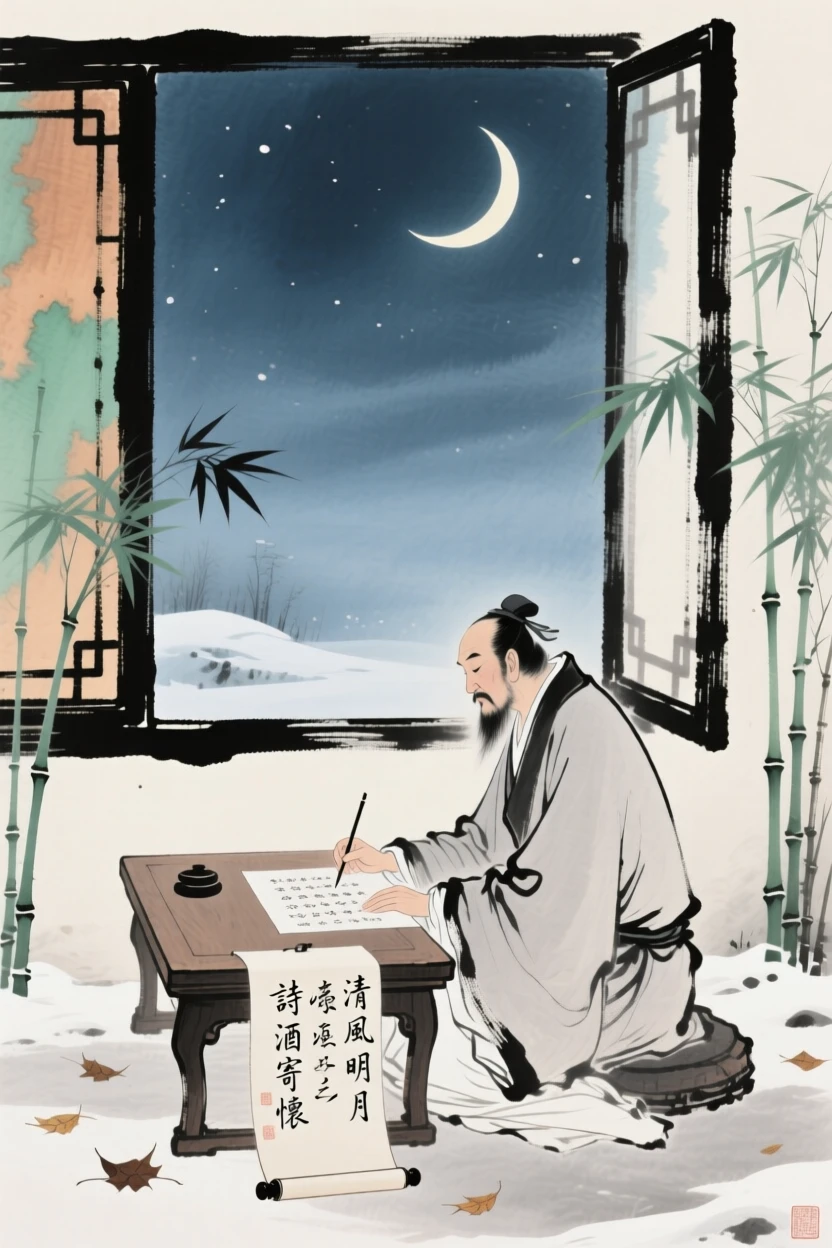 A scholar seated at a low table composing poetry beside an open window, in the mild days of early winter, carrying a mood of wistful nostalgia, beneath a crescent moon.