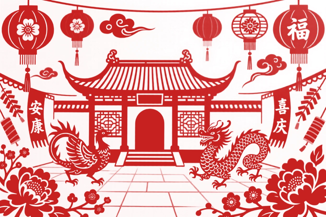 A scene of a temple courtyard at festival time, where red and gold decorations shimmer in the evening light, with red lanterns swaying gently overhead.