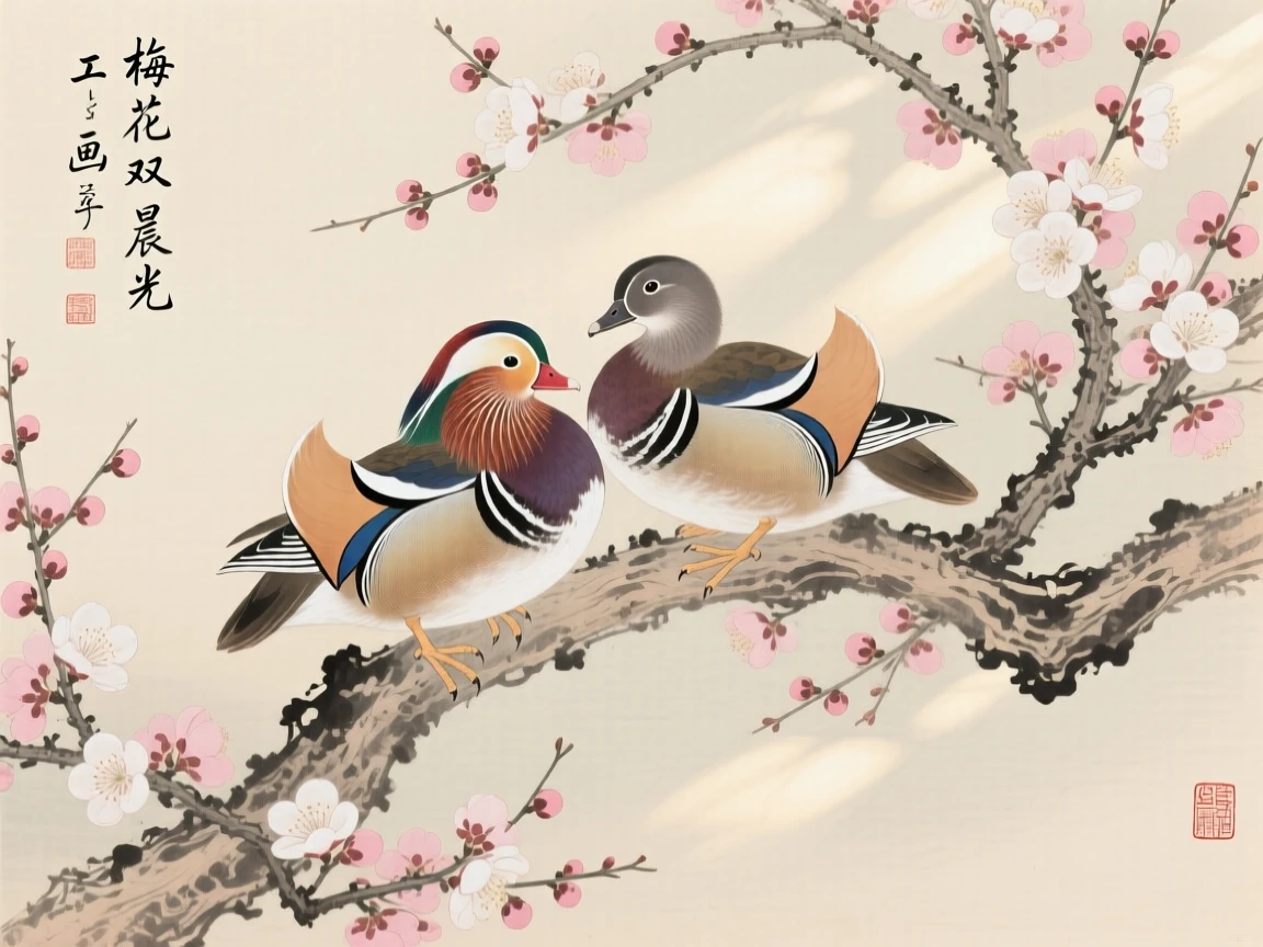 A pair of mandarin ducks perched on a blossoming plum branch, soft morning light filtering through the branches