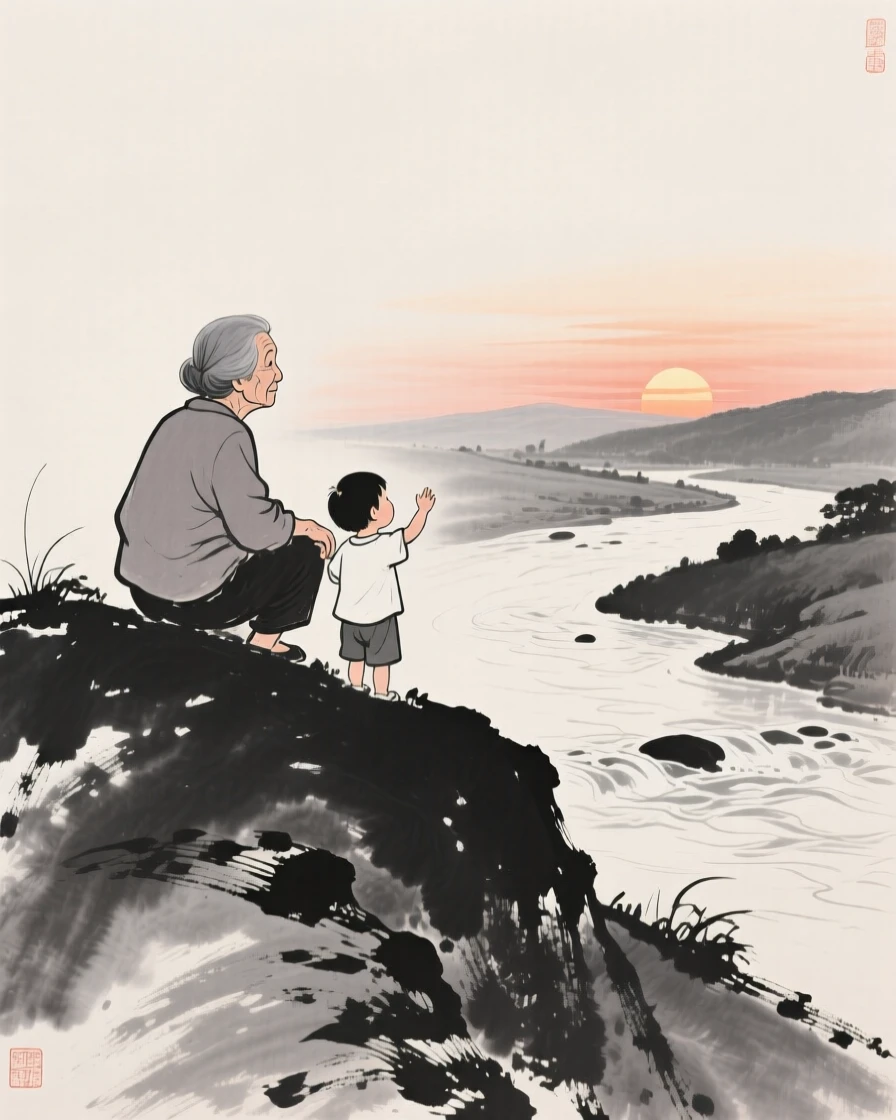 A grandmother and grandchild watching the sunset from a hillside beside a slow-moving river at sunset, captured mid-gesture in a candid, natural moment, carrying a tender sense of familial warmth.