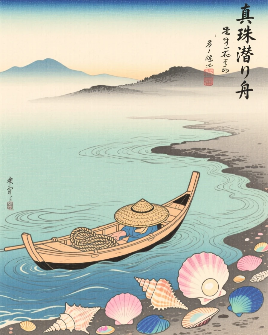 A pearl diver's boat near a scatter of colorful shells, on a calm misty morning.