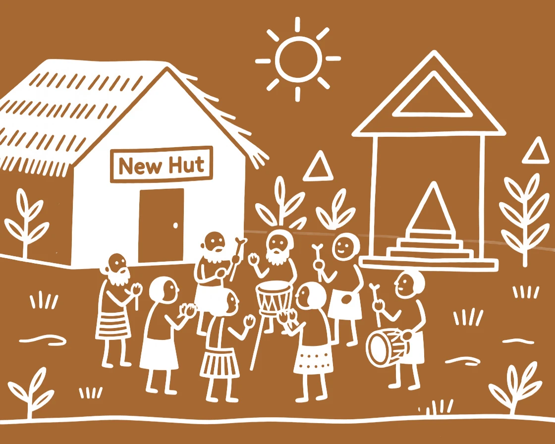 A group of village elders celebrating the completion of a new hut beside a small village shrine.