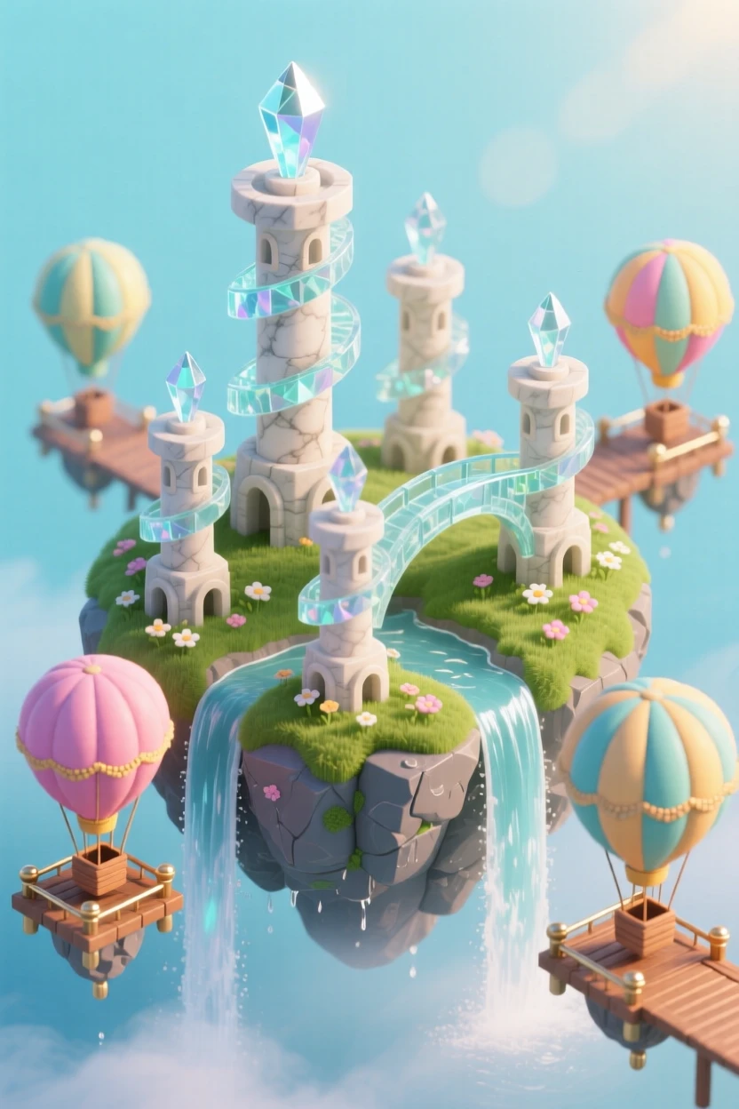 A floating fantasy island city with waterfalls cascading off the edges, hot air balloons docked at floating piers, and spiraling towers connected by crystal bridges.