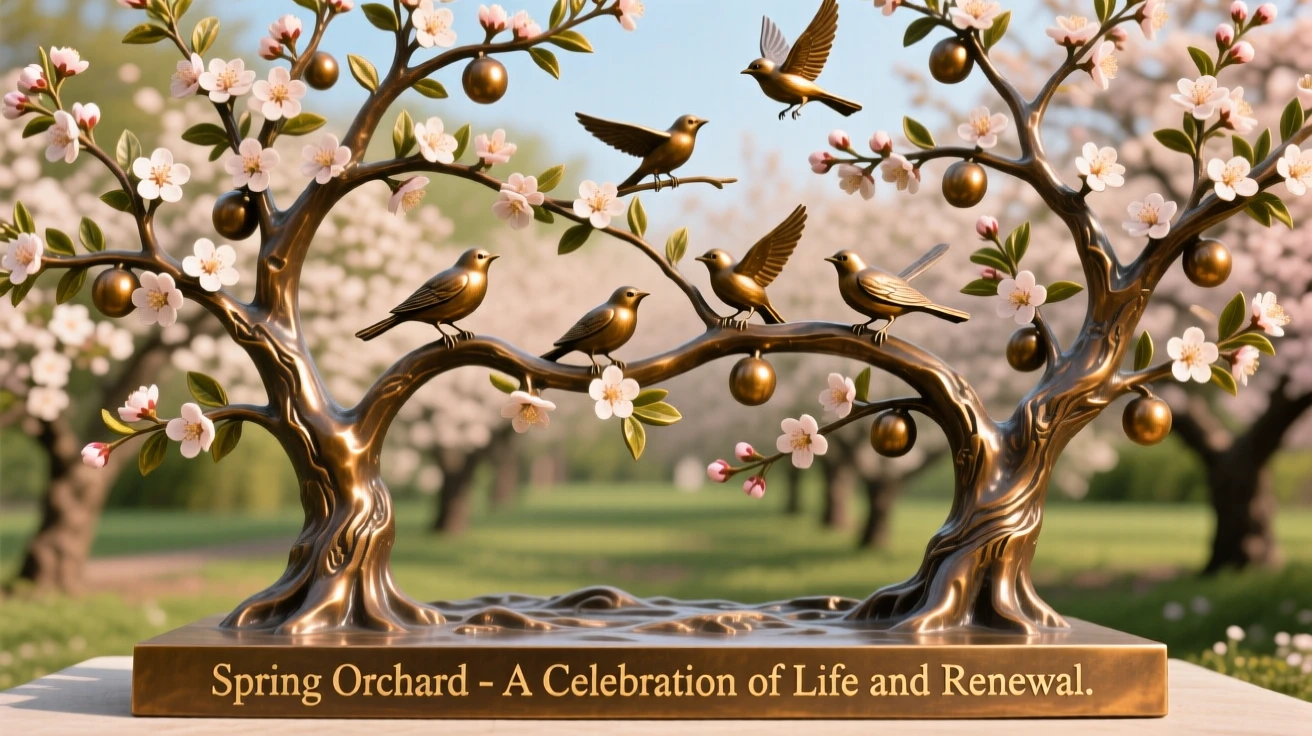 A spring orchard alive with blossoms and birdsong, capturing the mood and atmosphere of the season in rich, immersive detail