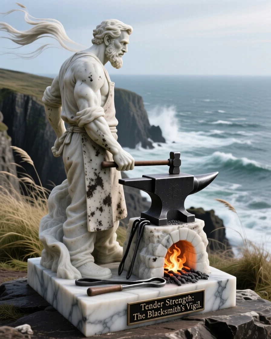 A tender portrait of a blacksmith at his forge, turning to look over one shoulder, on a windswept cliff overlooking the sea, evoking warmth and humanity