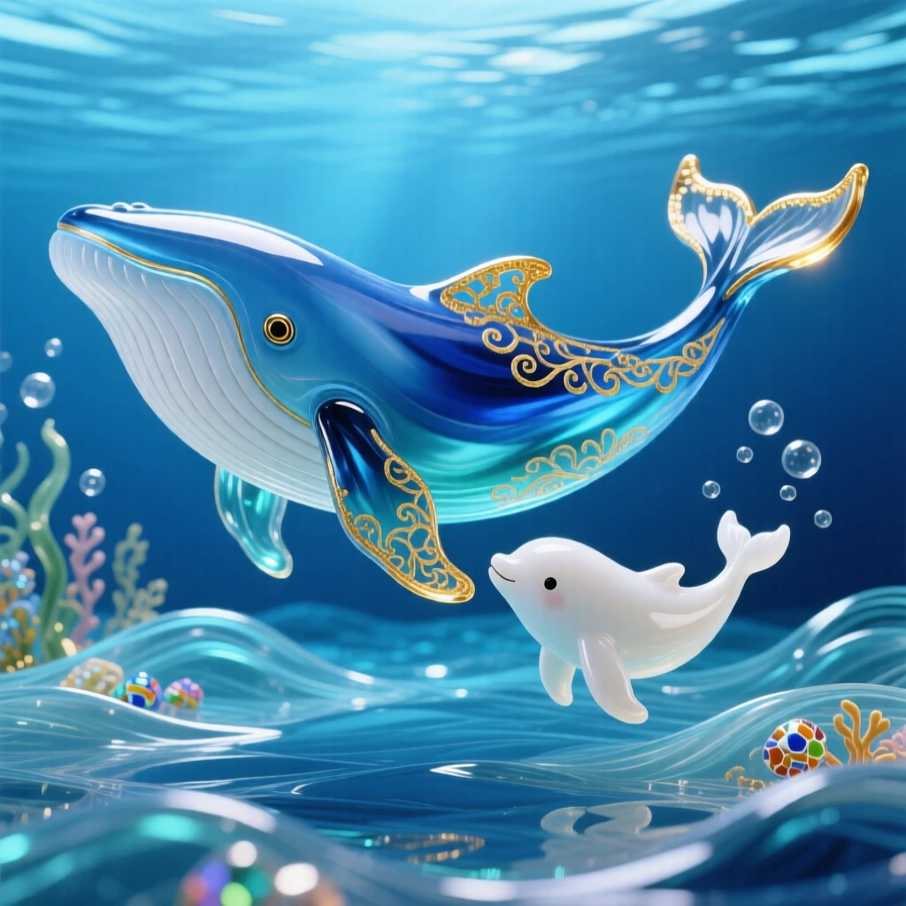 A mother whale and calf swimming side by side in open blue water, tender and vast.