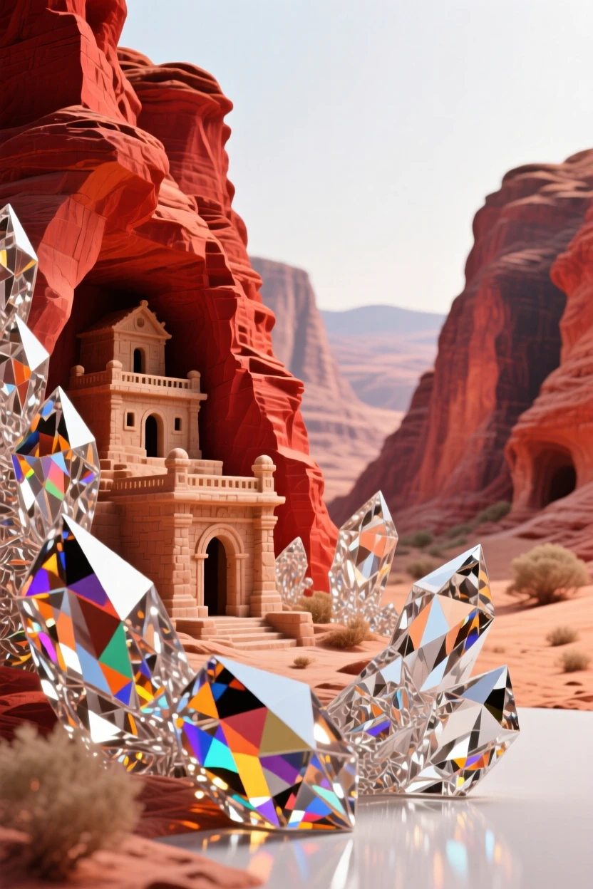 A remote desert canyon with ancient cliff dwellings carved into red rock.