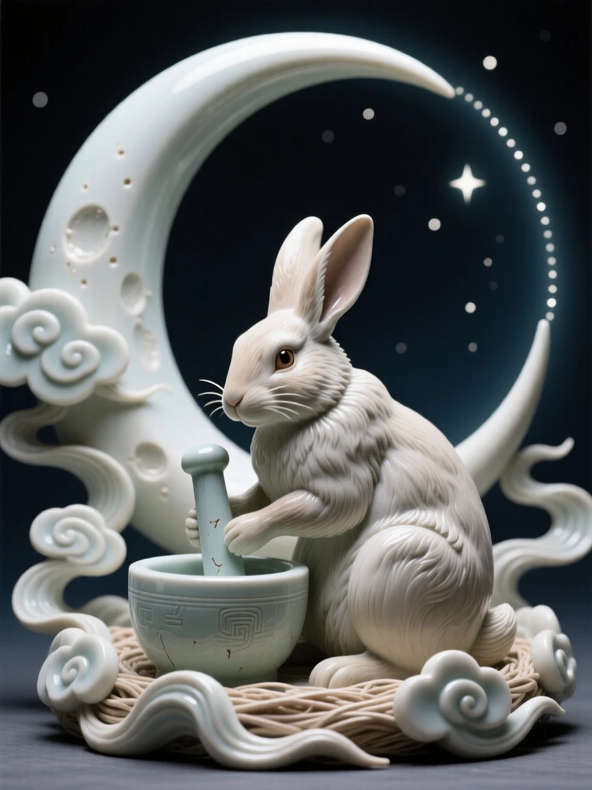 A moon rabbit pounding a mortar under a crescent moon curled peacefully in a nest of clouds, haloed by a faint circle of starlight, radiating noble power tempered with gentleness.
