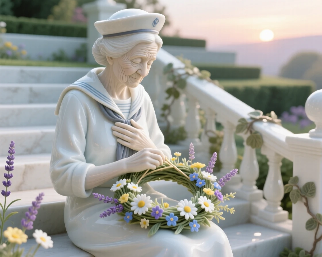 A elderly sailor weaving a wreath of wildflowers, one hand resting gently over her heart, in a terraced garden at dawn.