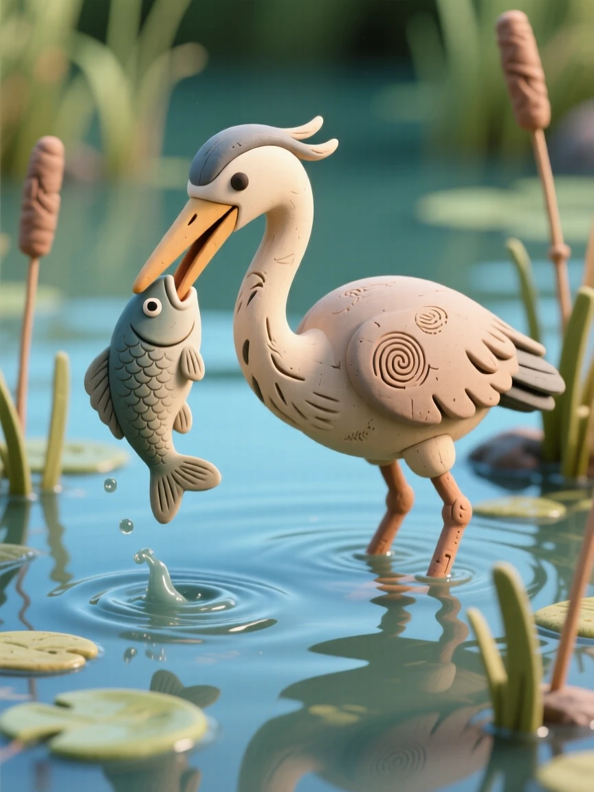 A heron catching a fish mid-strike in shallow marsh water