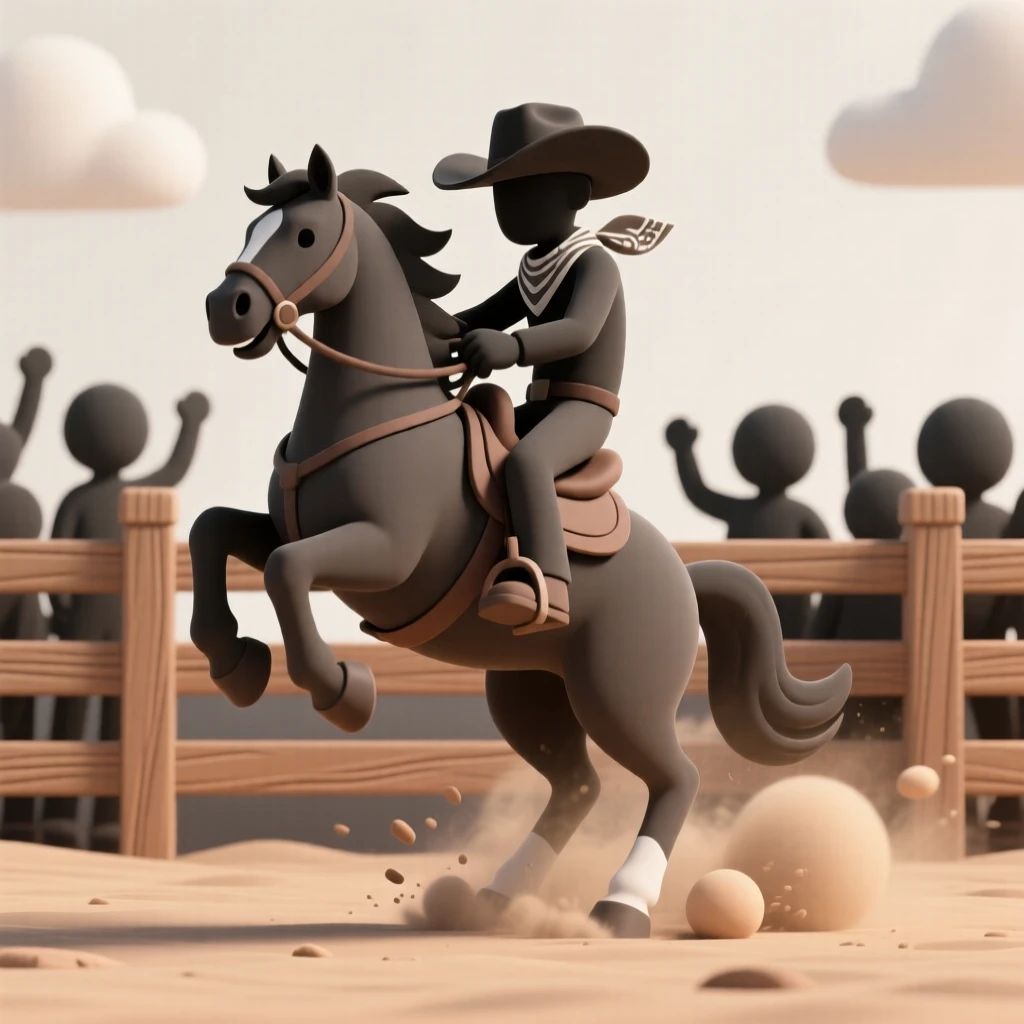 A determined rodeo rider grips tight to a bucking bronco, dust flying as the crowd roars from wooden bleachers.
