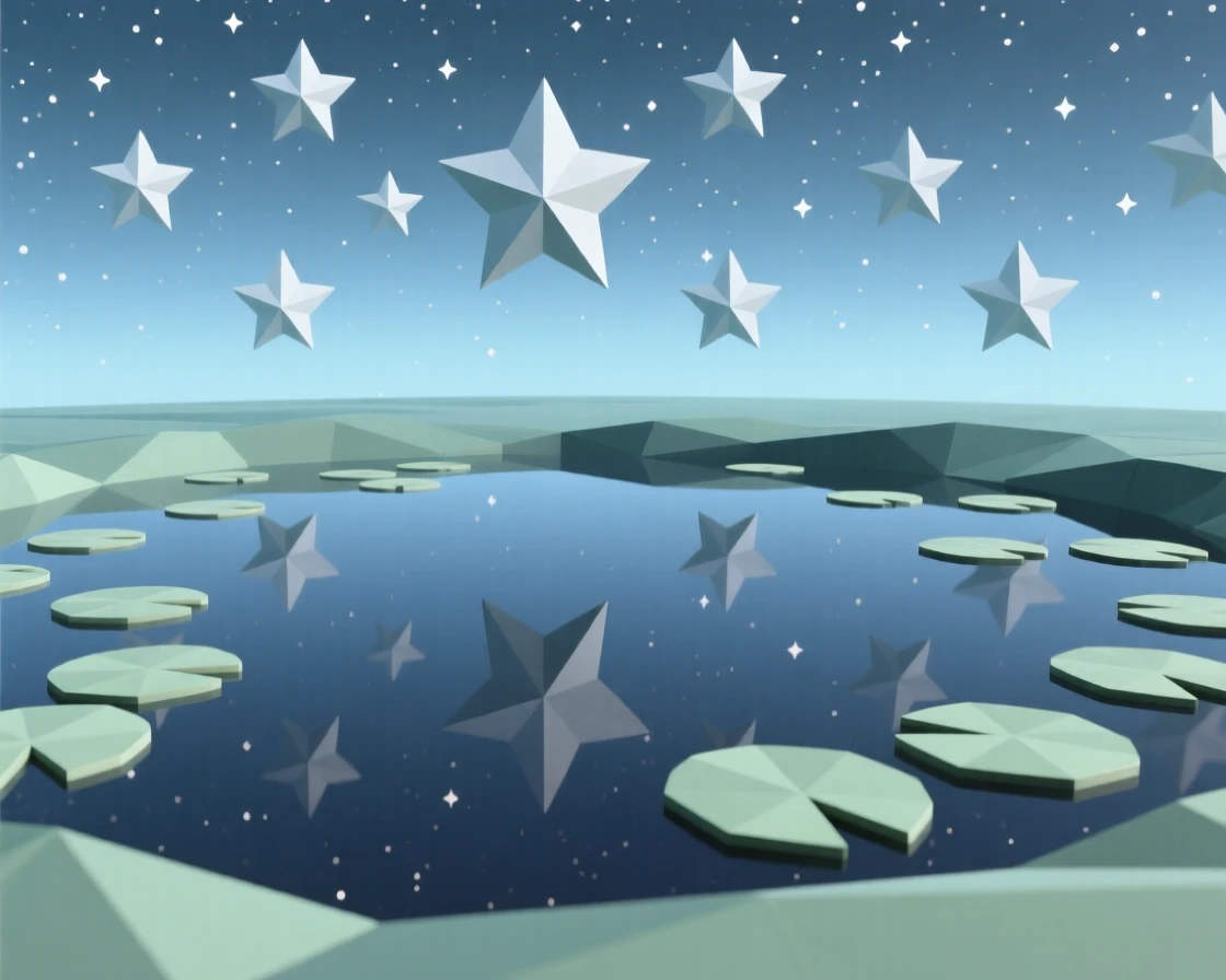 A quiet pond covered in lily pads, under a sky full of stars. reflections in the water double the scene's beauty. The mood is dreamy and otherworldly.