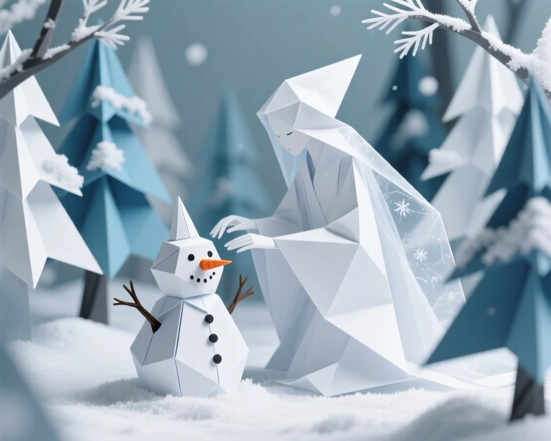 A snow spirit adding the finishing touches to a tiny snowman in a quiet winter forest.