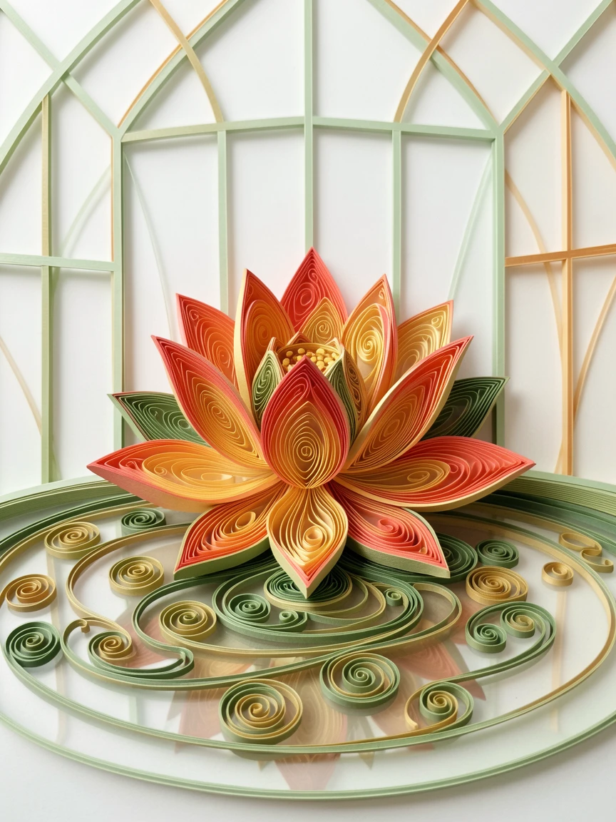 A serene botanical study of a single blooming lotus flower on still water in a greenhouse filled with soft filtered light, in a rich gradient of coral, gold, and green, centered with generous negative space around it.