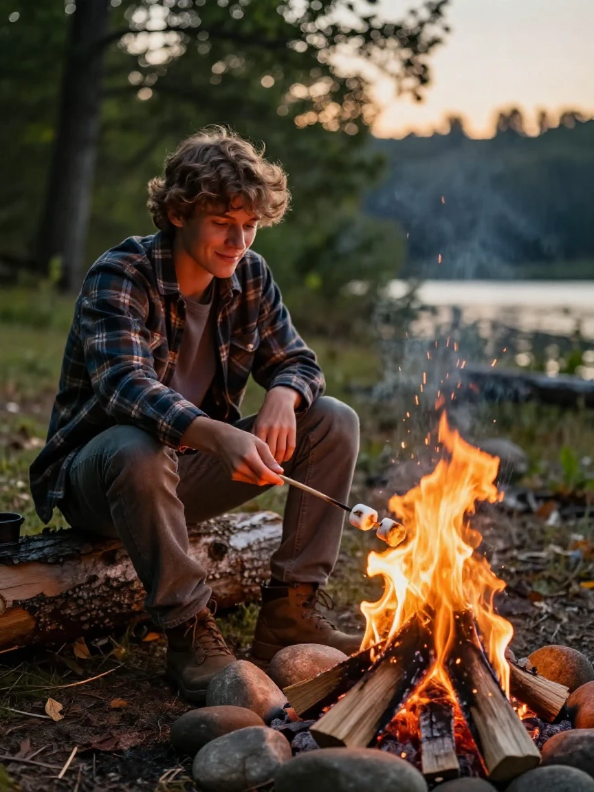 A camper roasting marshmallows over a crackling fire