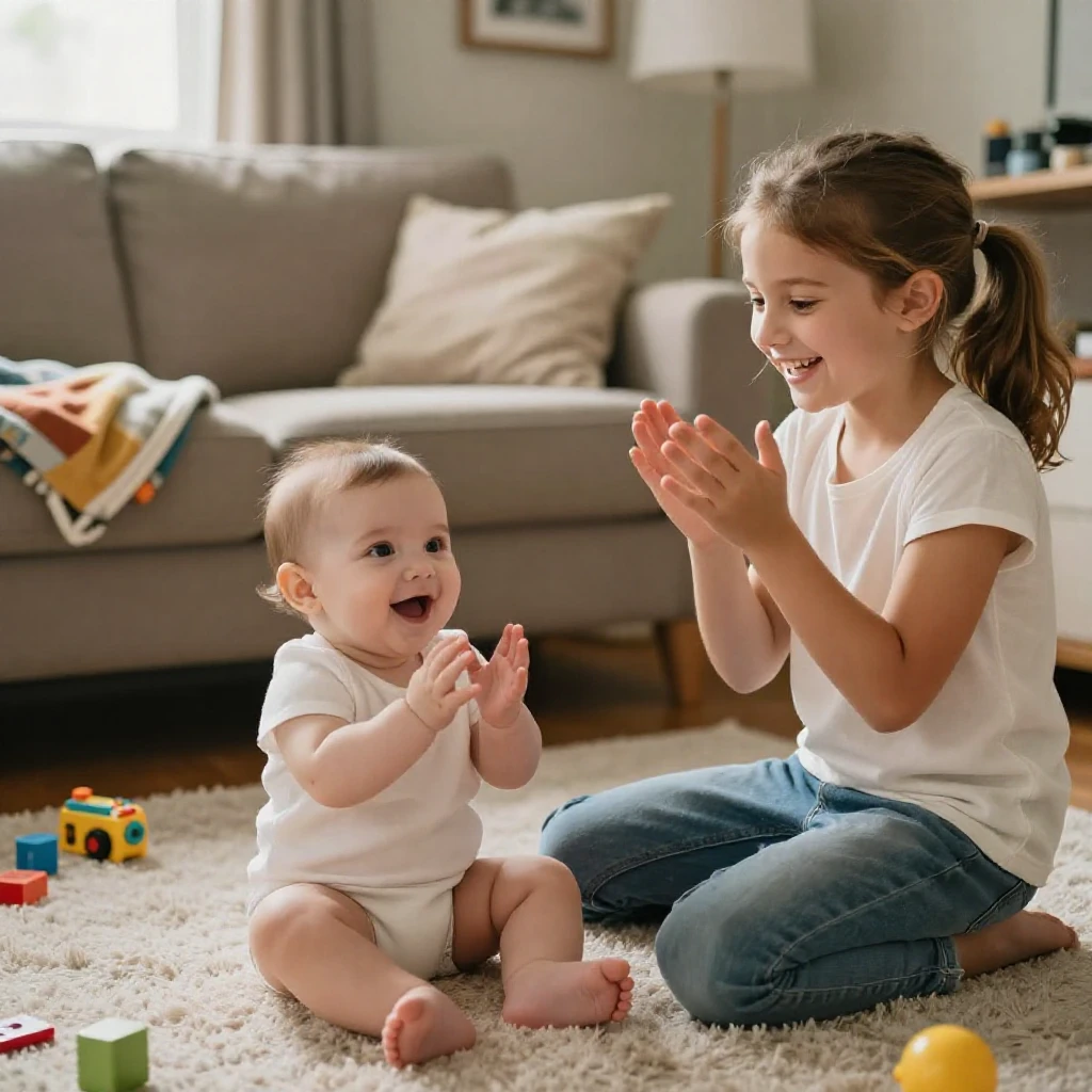 A baby claps both hands together for the first time while her older sibling cheers her on.