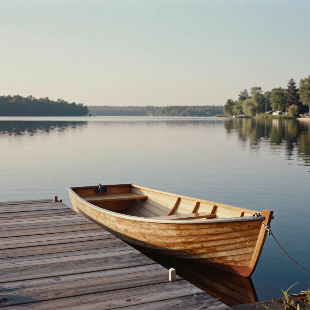 A wooden rowboat tied to a dock on a calm, glassy lake, under soft golden-hour light, as heat shimmers over the ground, during the long days of summer, in soft muted pastels, from a wide establishing view.