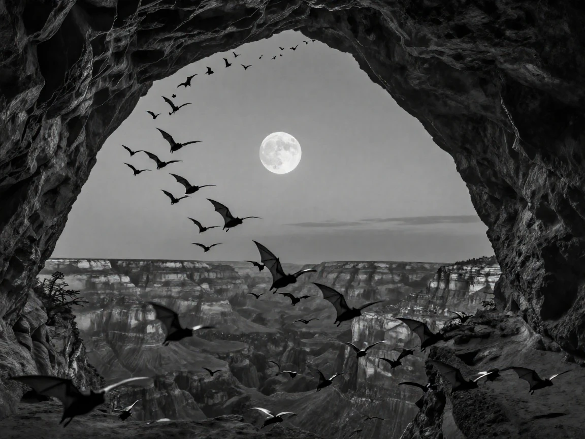 A colony of bats streams out of a cave at dusk above a moonlit canyon.
