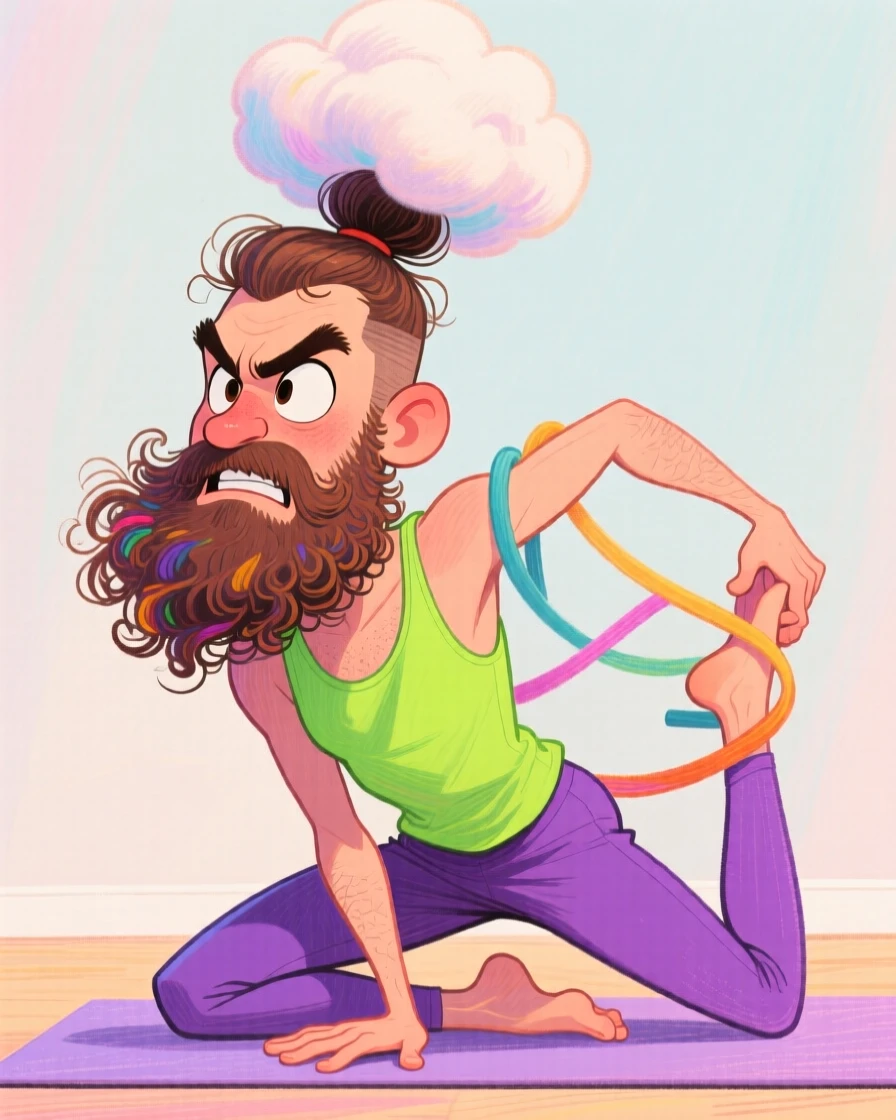 A young man with a man-bun and beard doing yoga in an exaggerated pretzel pose.
