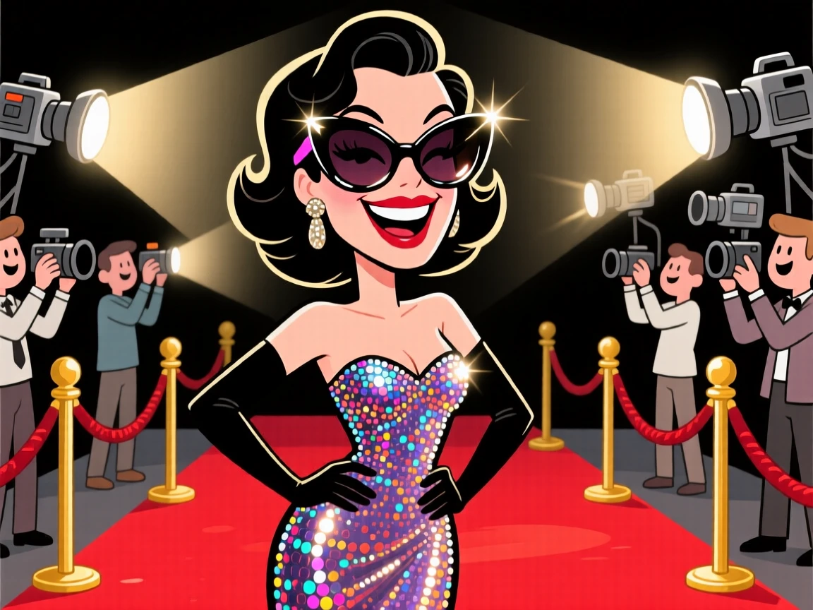 A larger-than-life portrait of a glamorous film star posing on a red carpet, oversized sunglasses and a dazzling gown catching camera flashes.