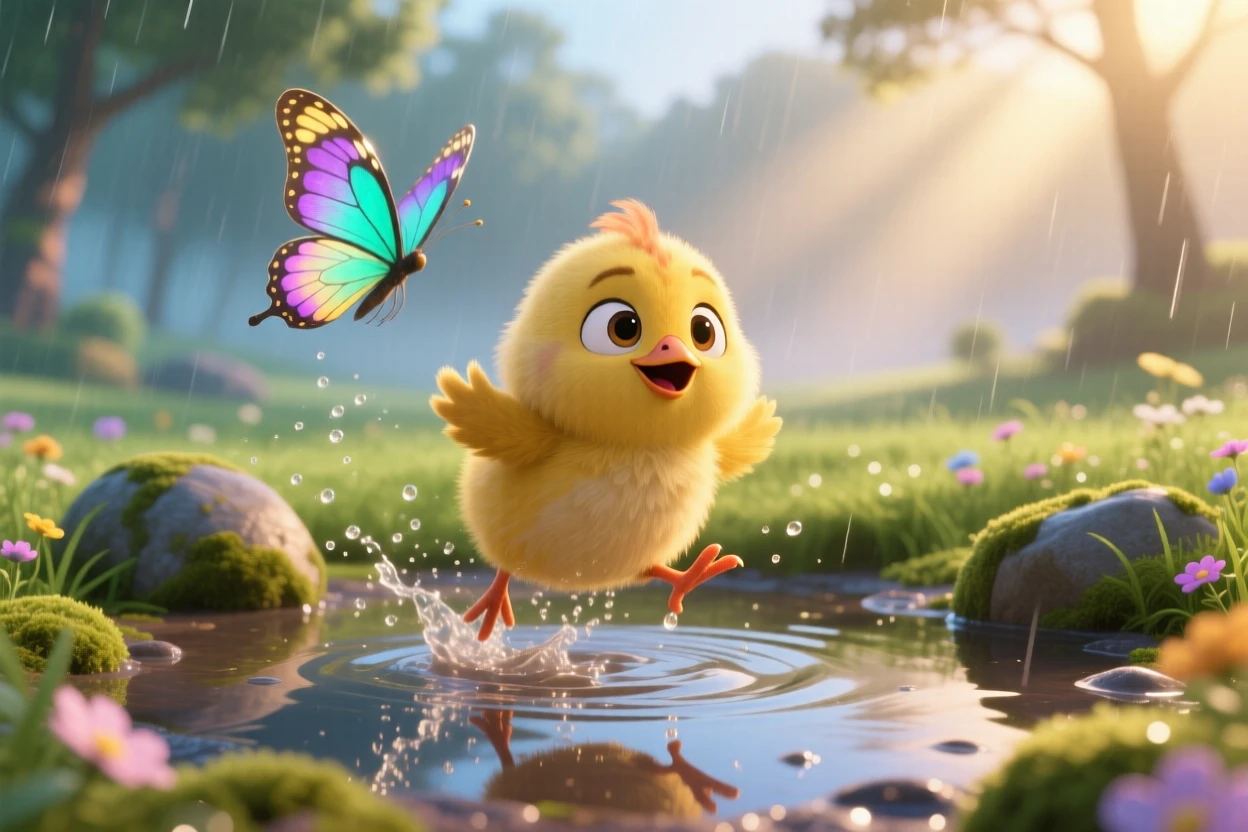 A fuzzy chick is splashing in a shallow puddle after rain, chasing a fluttering butterfly. The mood is soft, tender, and endearing, with its whiskers twitching gently.