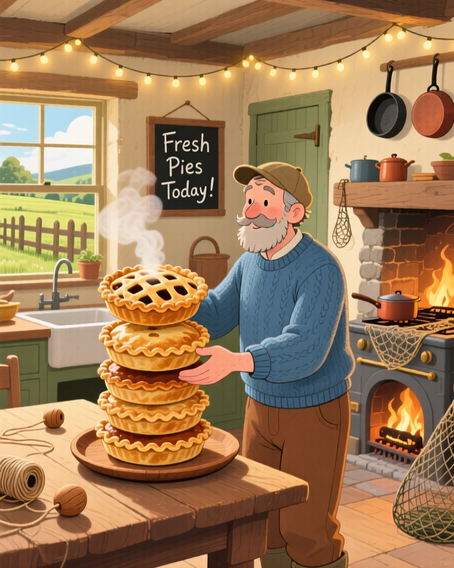 In a countryside farmhouse kitchen, a fisherman mending his nets is busy carrying a stack of freshly baked pies, while string lights twinkle overhead.