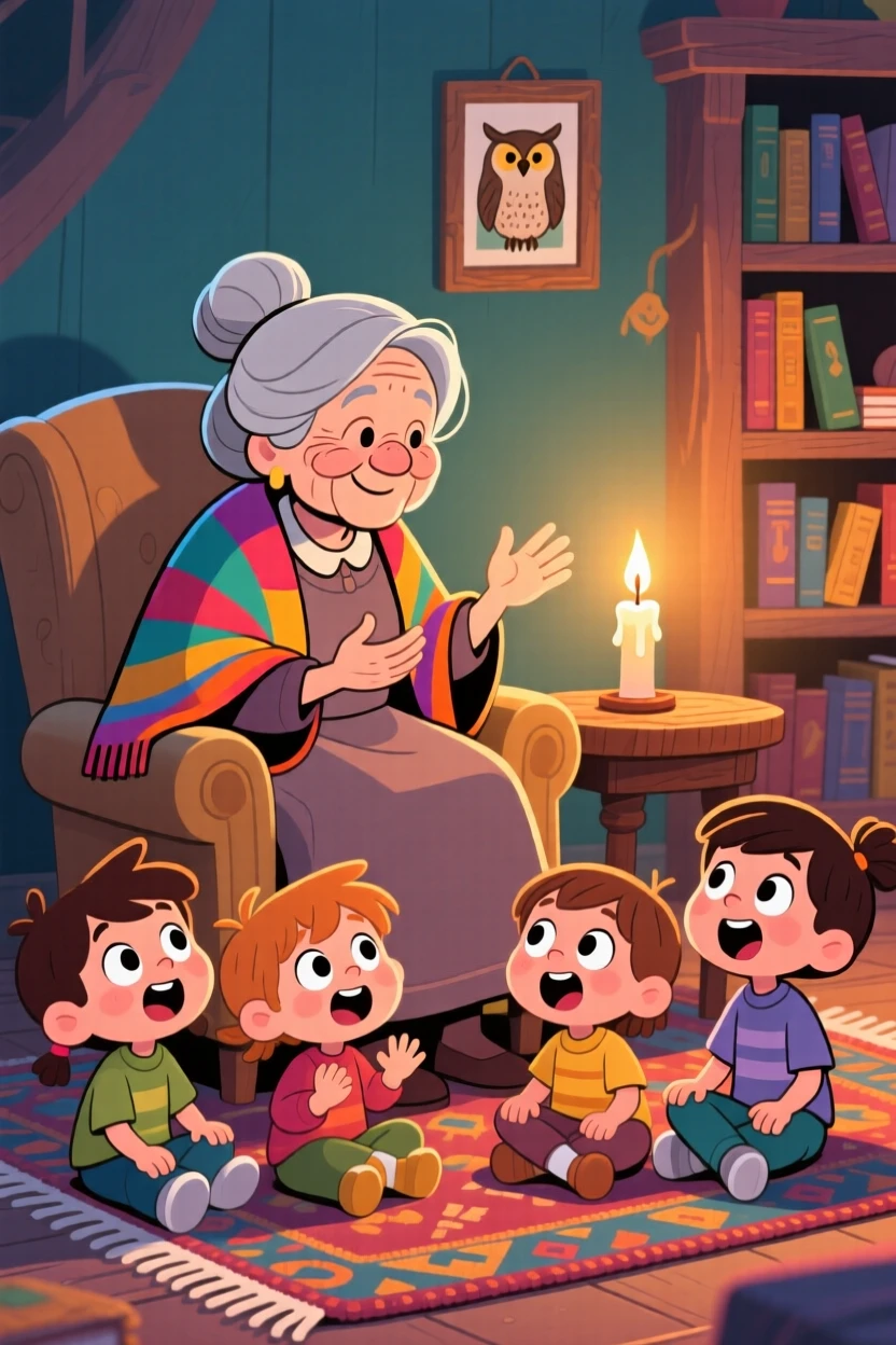 A grandmother telling folk tales to wide-eyed grandchildren by candlelight.