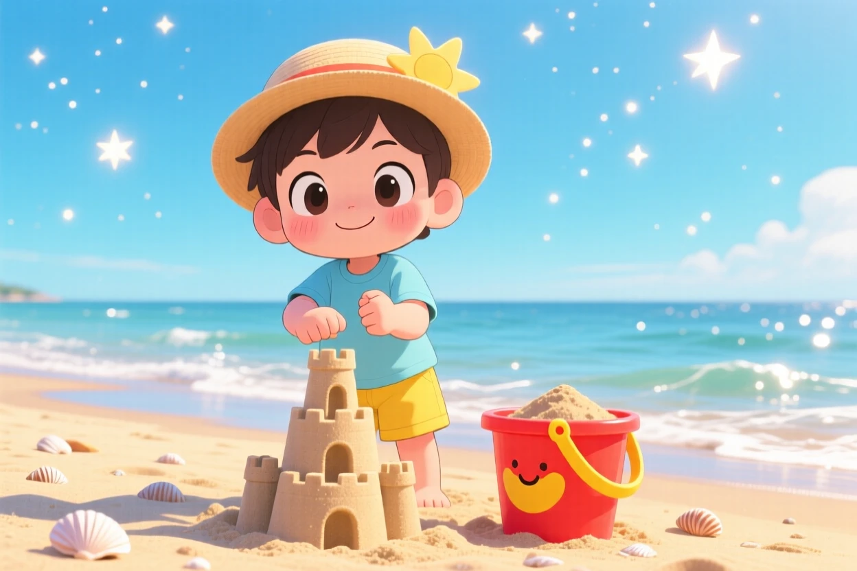 Symmetrical front-on view of a small child, stacking sandcastle towers with a bucket, in a sunny beach shoreline, under a clear summer sky, illuminated by sparkling starlight, radiating brave confidence.